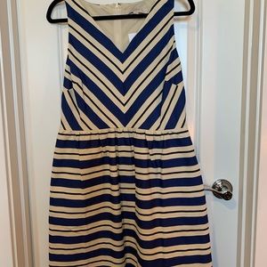 Loft V-Neck Blue Striped Fit & Flare Dress Pockets